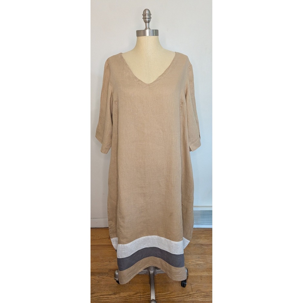 LLUUKAA Linen Colorblock V Neck Midi Dress Minimalist Quiet Luxury Pockets Sz 14